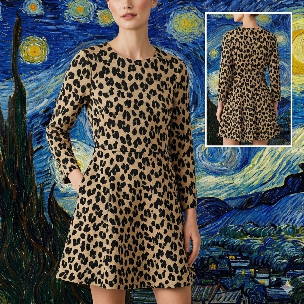 Kate Spade Forest Feline Jacq-Knit Dress Silt Gold Leopard NJM00068‎ Size 00 NWT